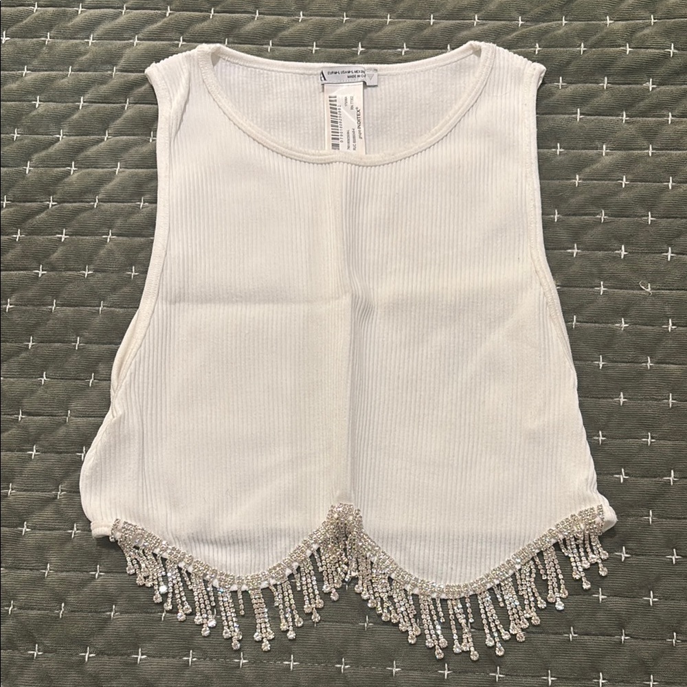 Zara White Embellished Crop Tank Top